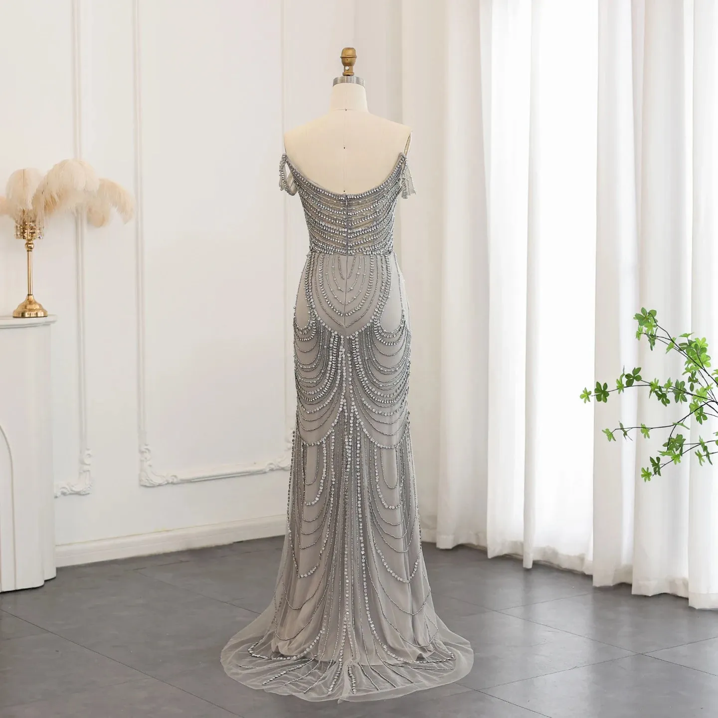 Silver Gray Crystal Mermaid Evening Gown