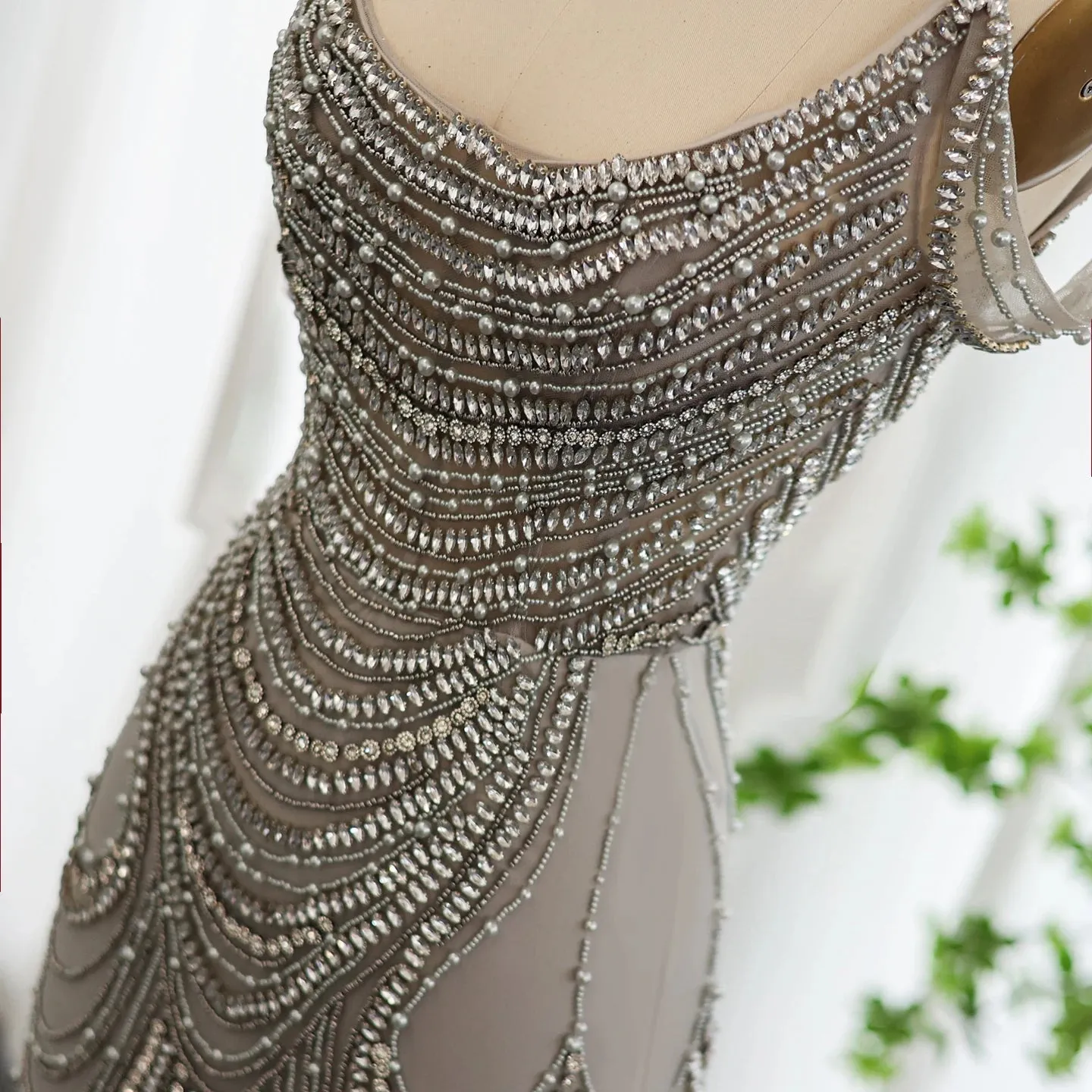 Silver Gray Crystal Mermaid Evening Gown