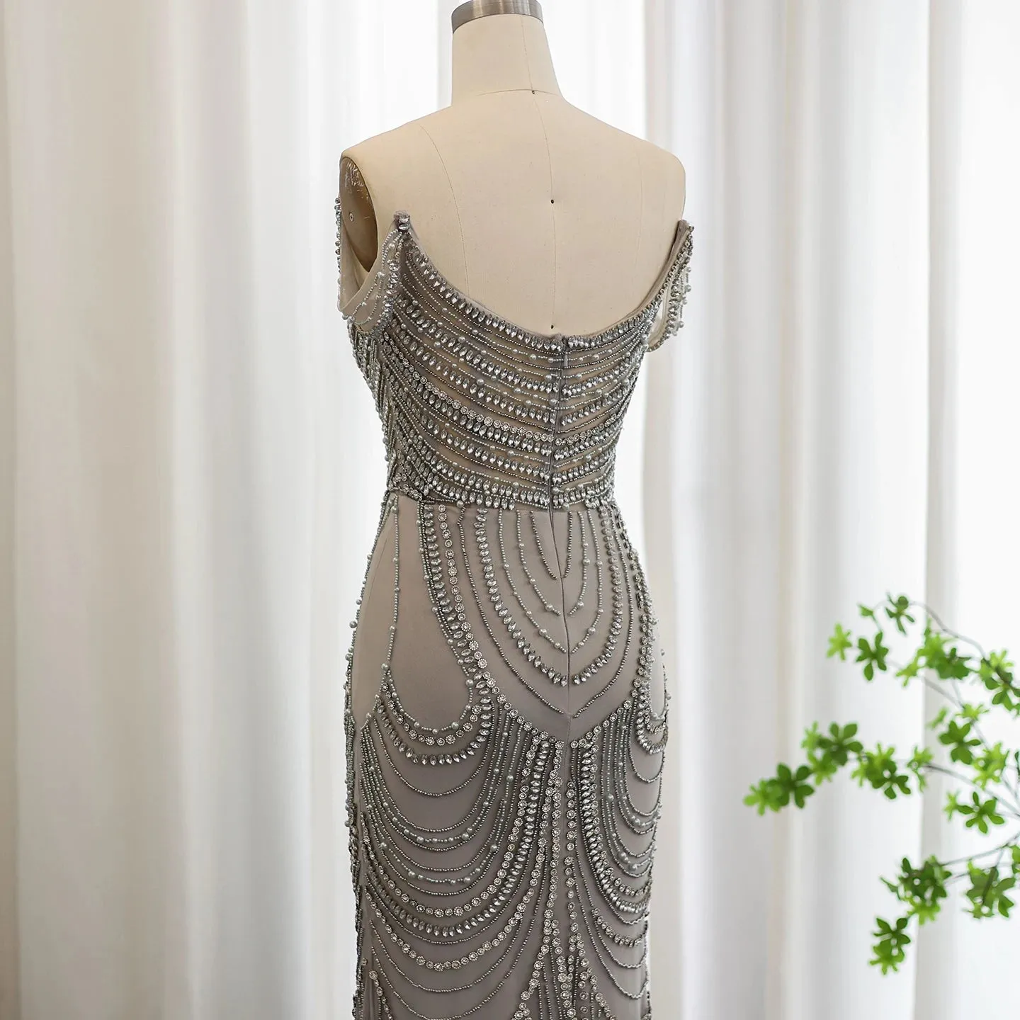 Silver Gray Crystal Mermaid Evening Gown