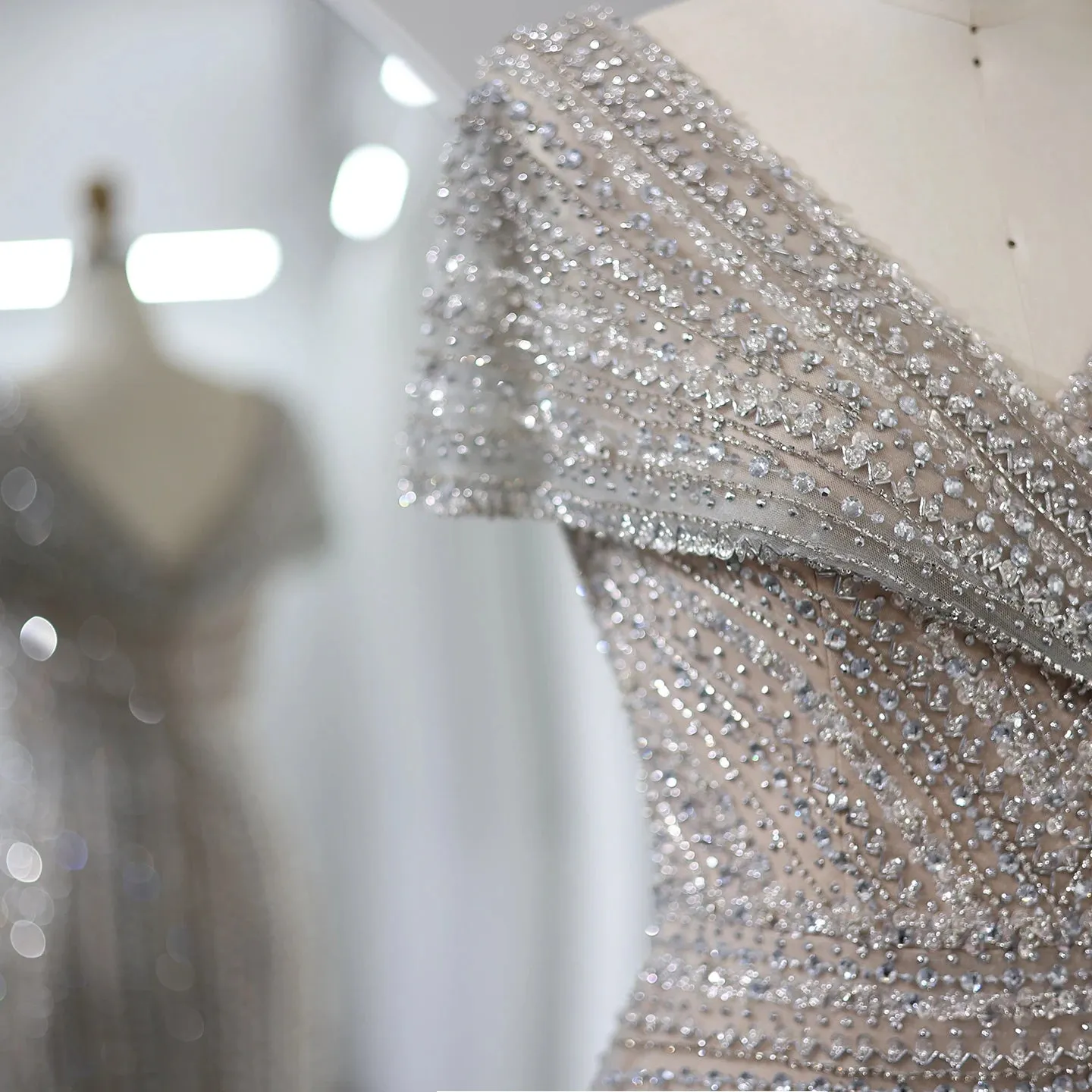 Silver Mermaid Evening Dress with Cap Sleeves