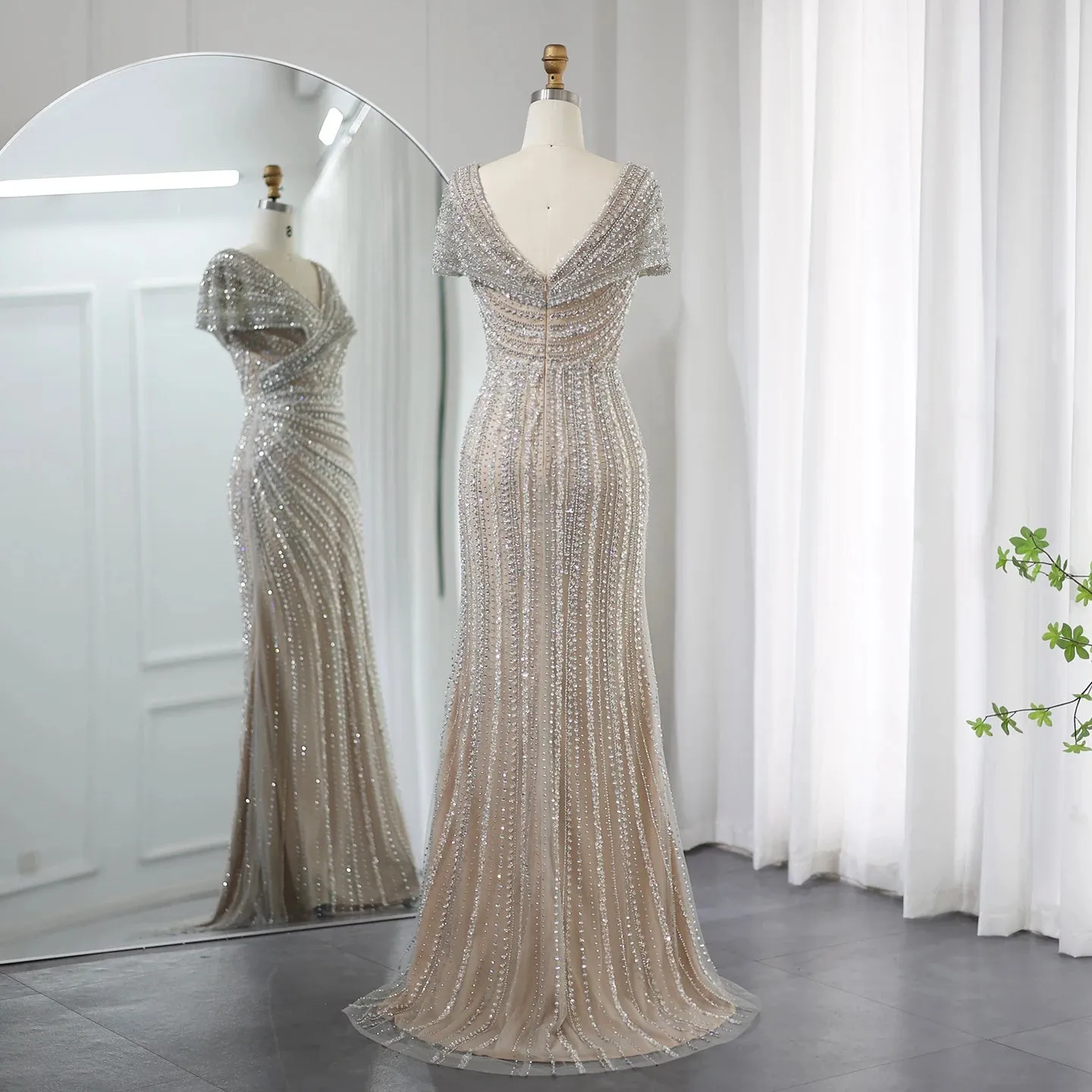 Silver Mermaid Evening Dress with Cap Sleeves