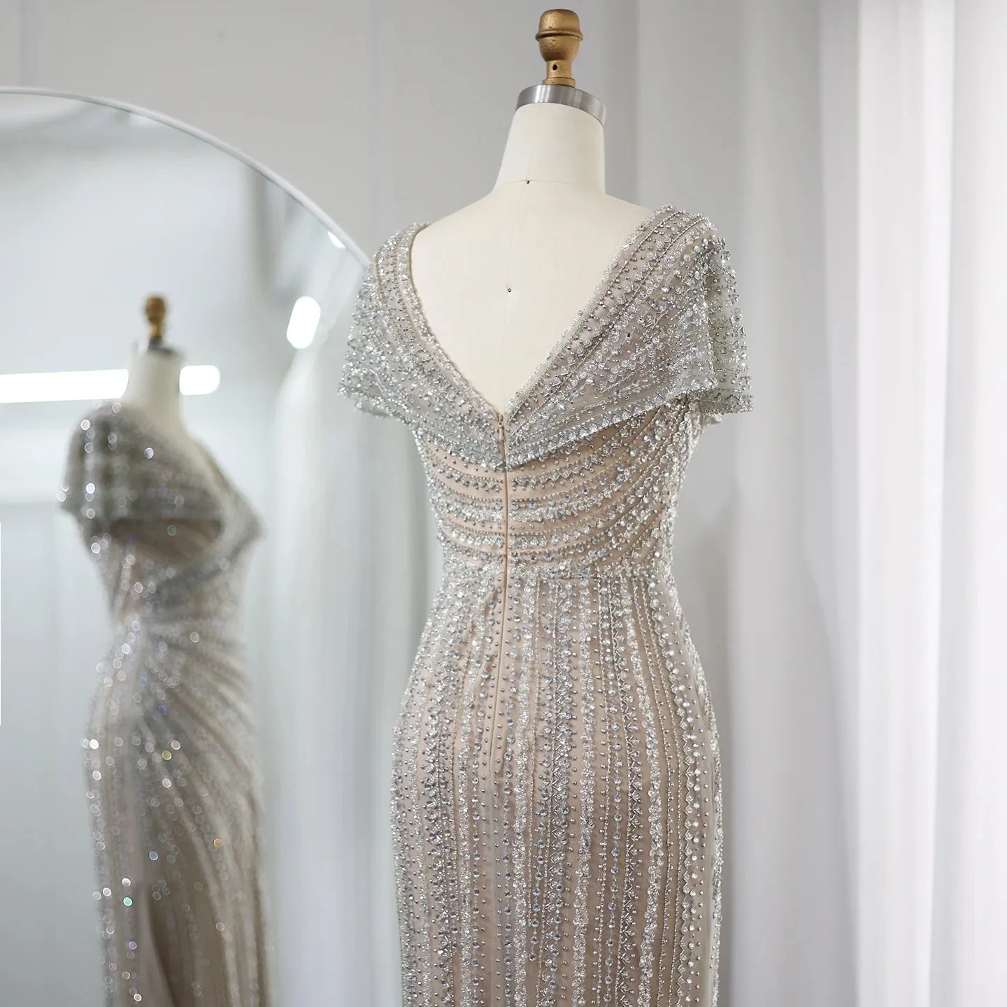 Silver Mermaid Evening Dress with Cap Sleeves