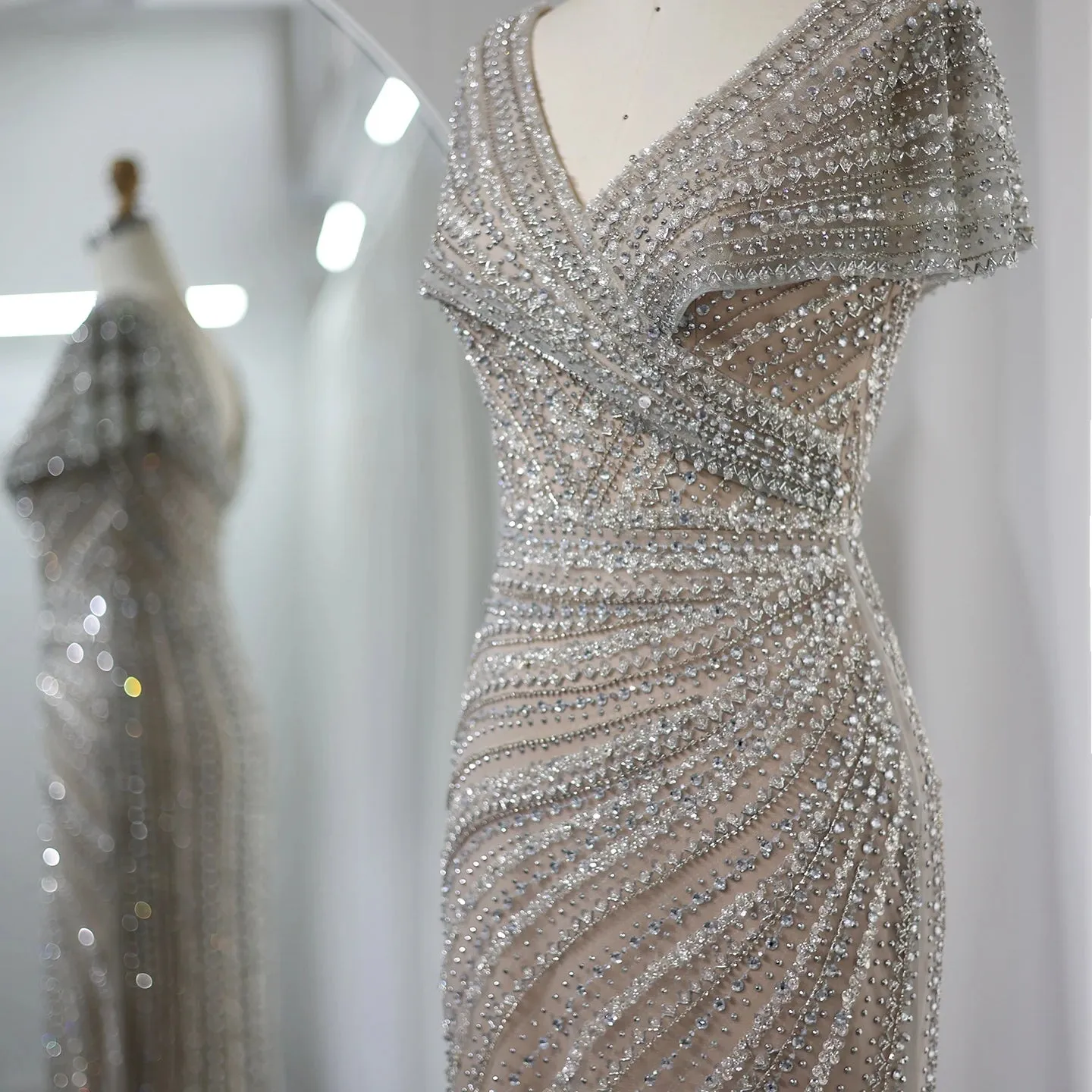 Silver Mermaid Evening Dress with Cap Sleeves