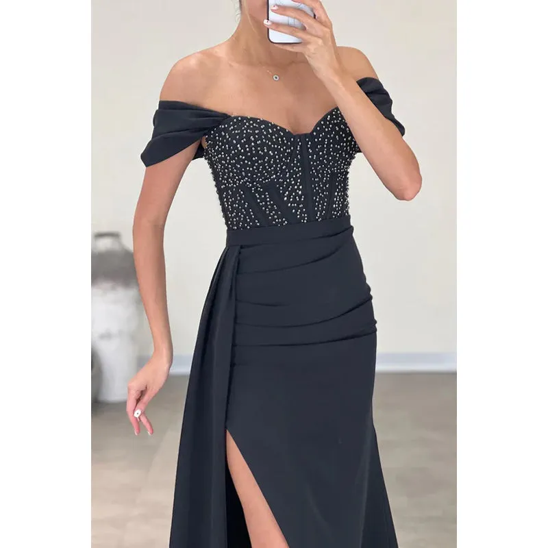 Simple Off-Shoulder Cap Sleeves Slit Rhinestone Beaded Formal Prom Dress