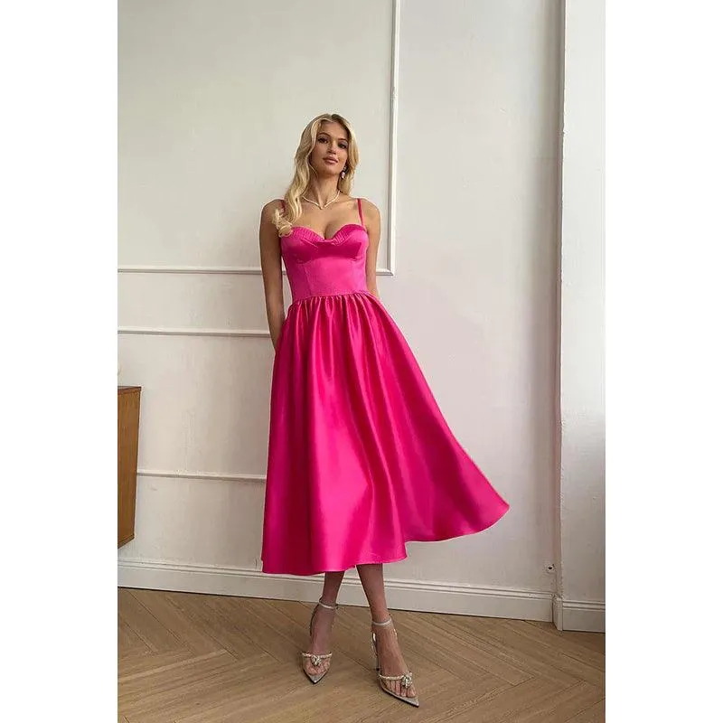 Simple Sweetheart Sleeveless Ruched Satin A-Line Midi Evening Party Dress