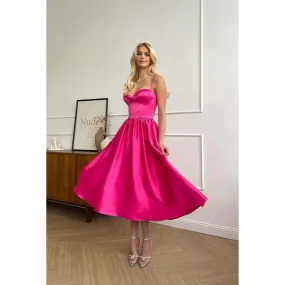 Simple Sweetheart Sleeveless Ruched Satin A-Line Midi Evening Party Dress