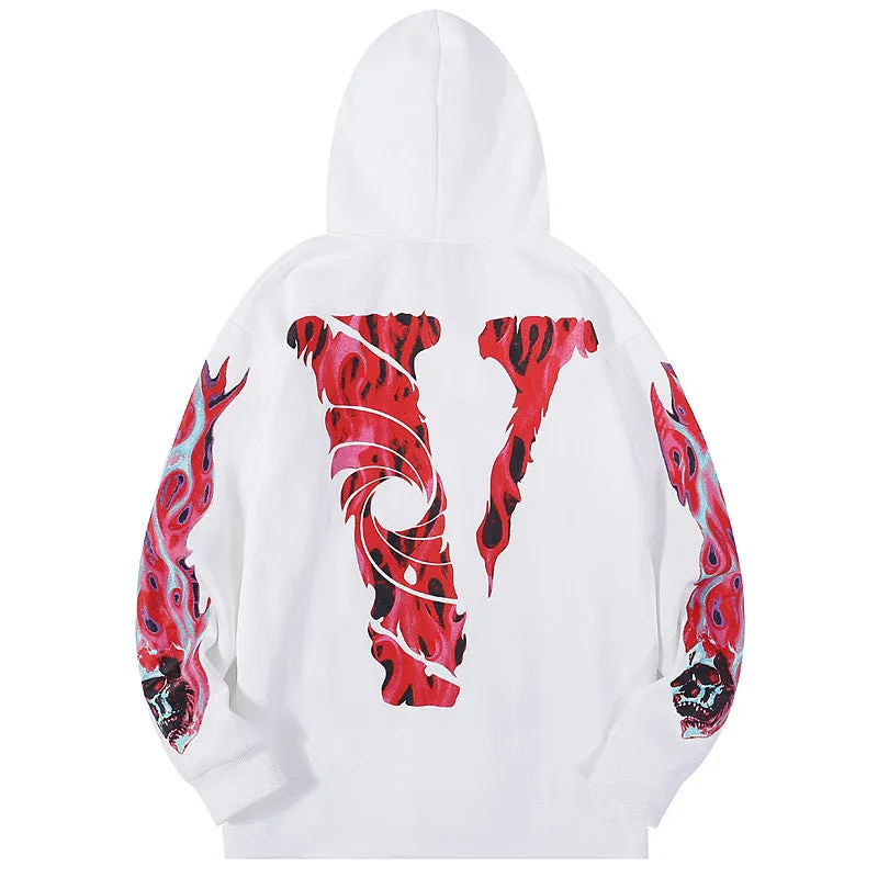 Skull Vlone Hoodie Flame Skull Velvet Padded Hooded Sweatshirt Male