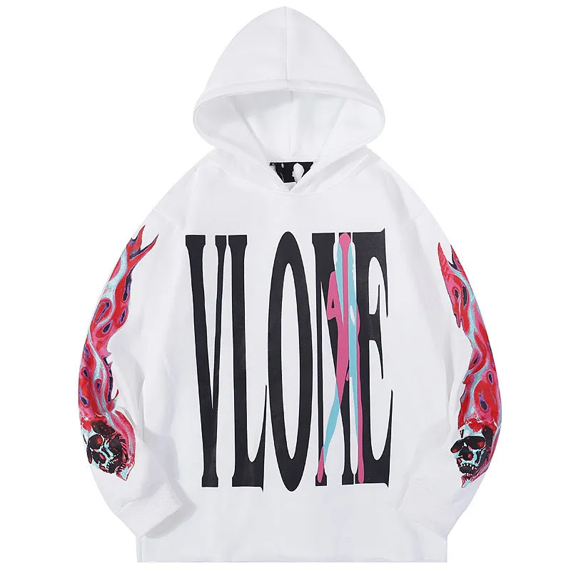 Skull Vlone Hoodie Flame Skull Velvet Padded Hooded Sweatshirt Male