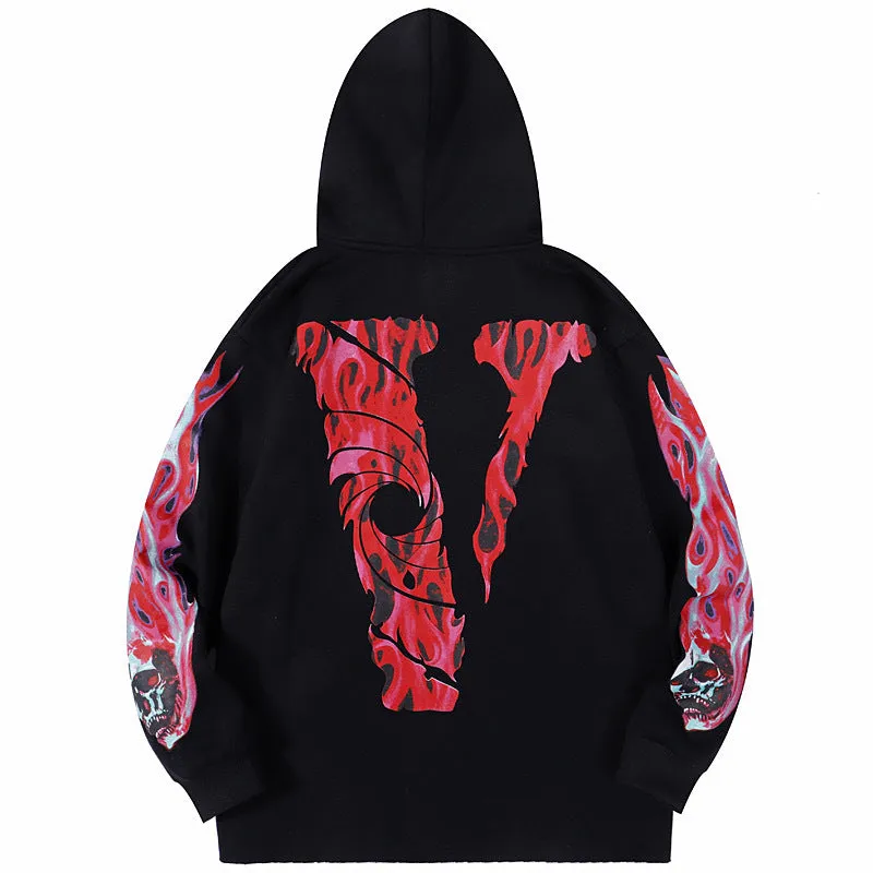 Skull Vlone Hoodie Flame Skull Velvet Padded Hooded Sweatshirt Male