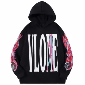 Skull Vlone Hoodie Flame Skull Velvet Padded Hooded Sweatshirt Male