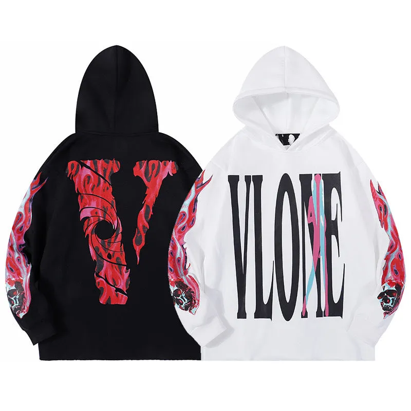 Skull Vlone Hoodie Flame Skull Velvet Padded Hooded Sweatshirt Male