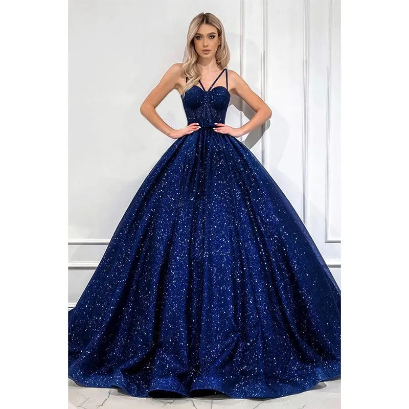 Spaghetti Straps A-line Sparkly Prom Dress with Pockets