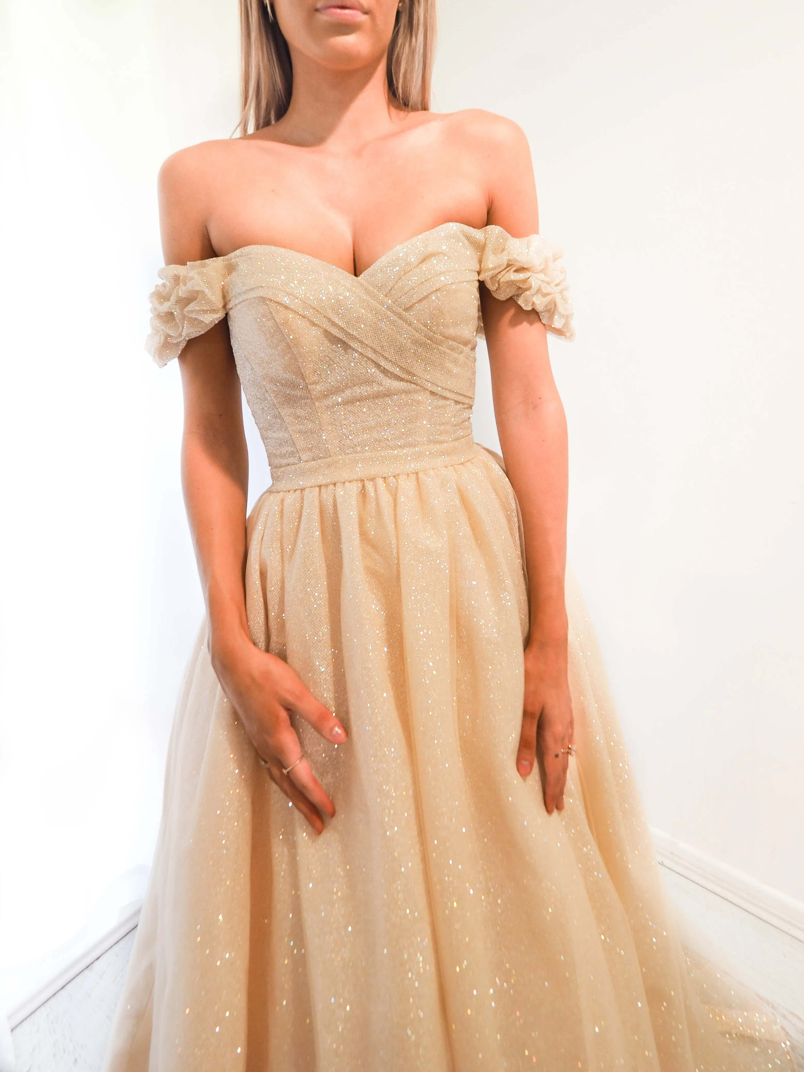 Sparkling light gold tulle princess dress for hire