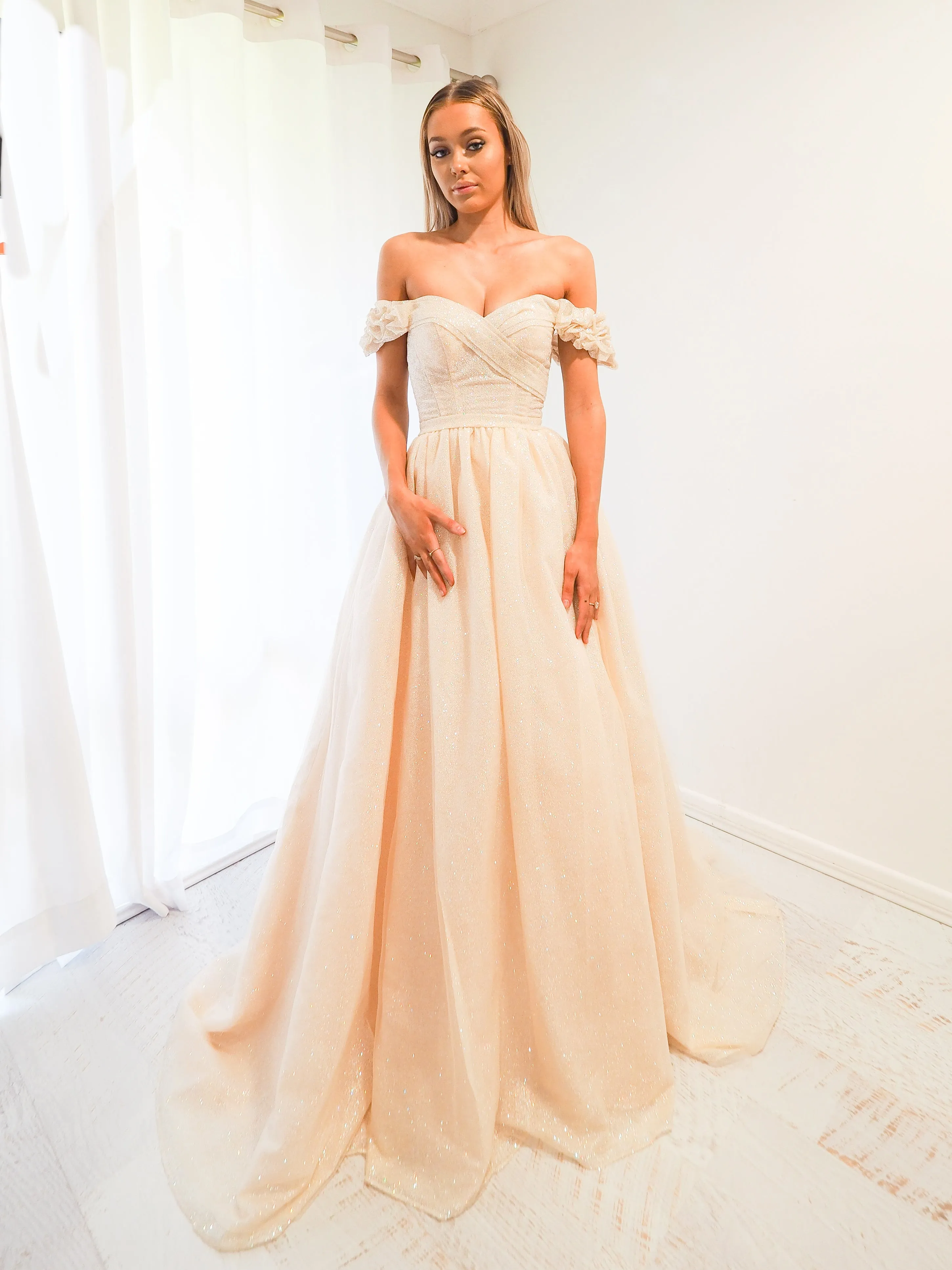 Sparkling light gold tulle princess dress for hire