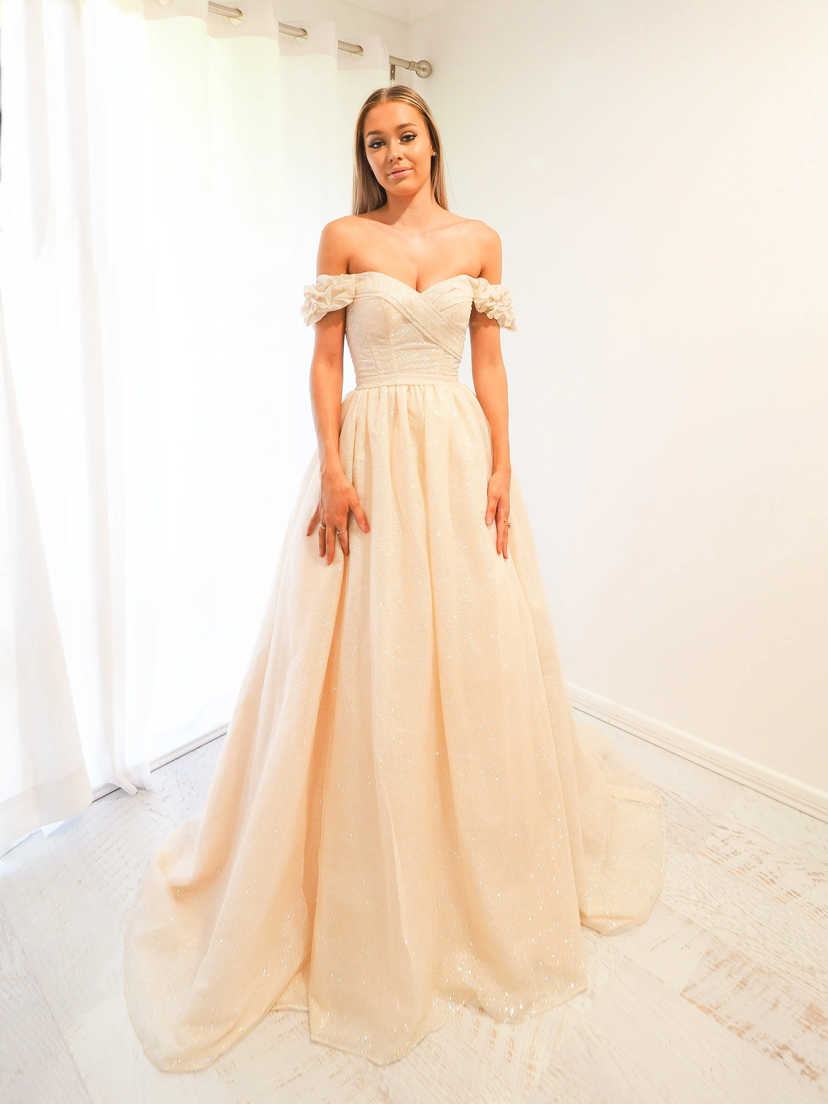 Sparkling light gold tulle princess dress for hire