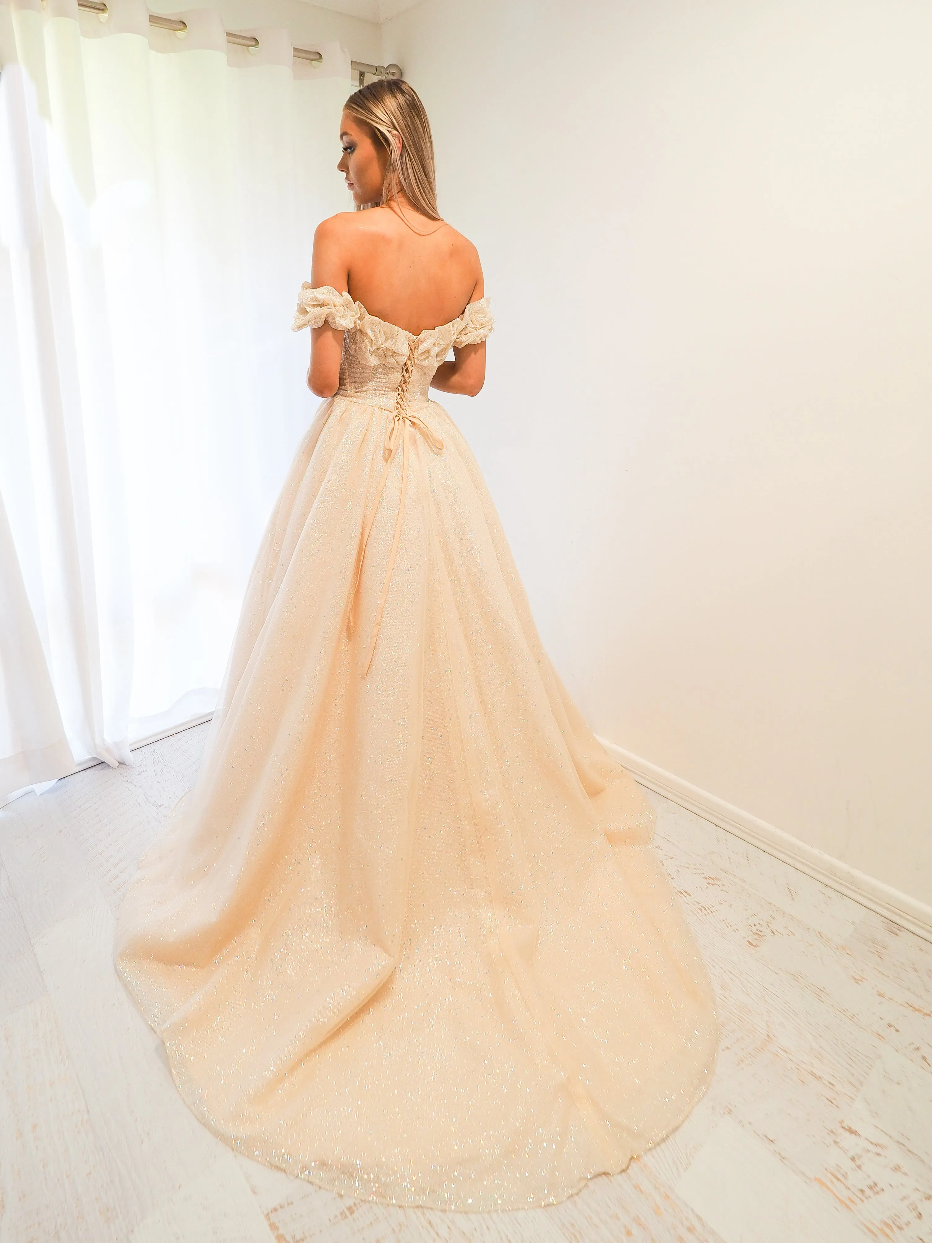 Sparkling light gold tulle princess dress for hire