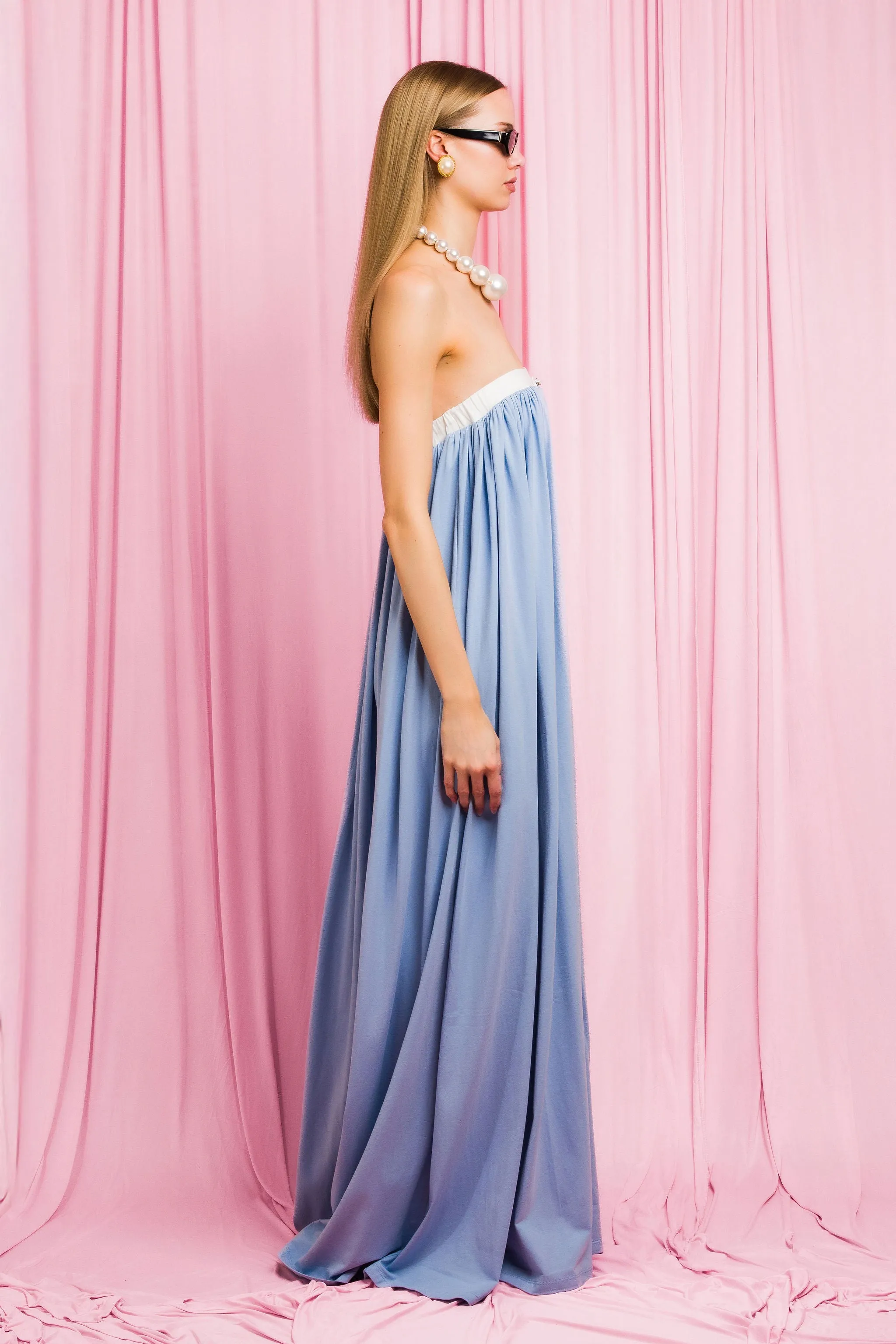 Strapless Gathered Long Jersey Dress