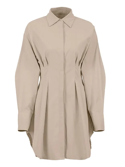 Summer Bodycon Dress Women Khaki Long Sleeve Pleated Shirt Dress Office Ladies Solid Lapel Casual Mini Dress