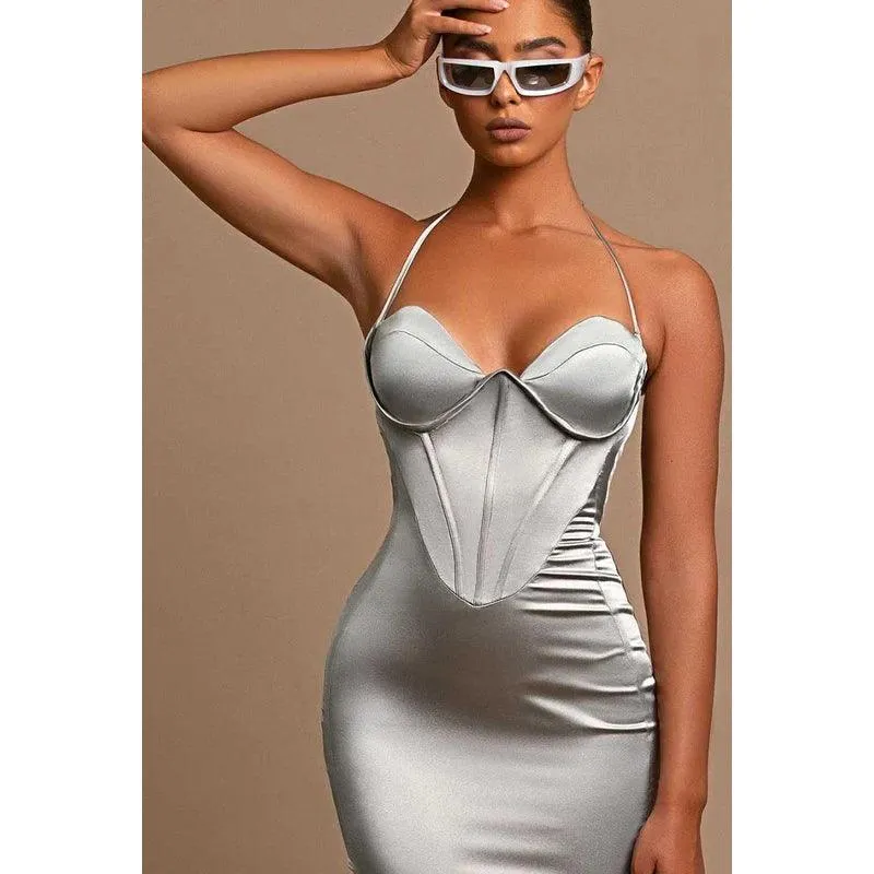 Sweetheart Halter Sheath Satin Long Prom Evening Dress