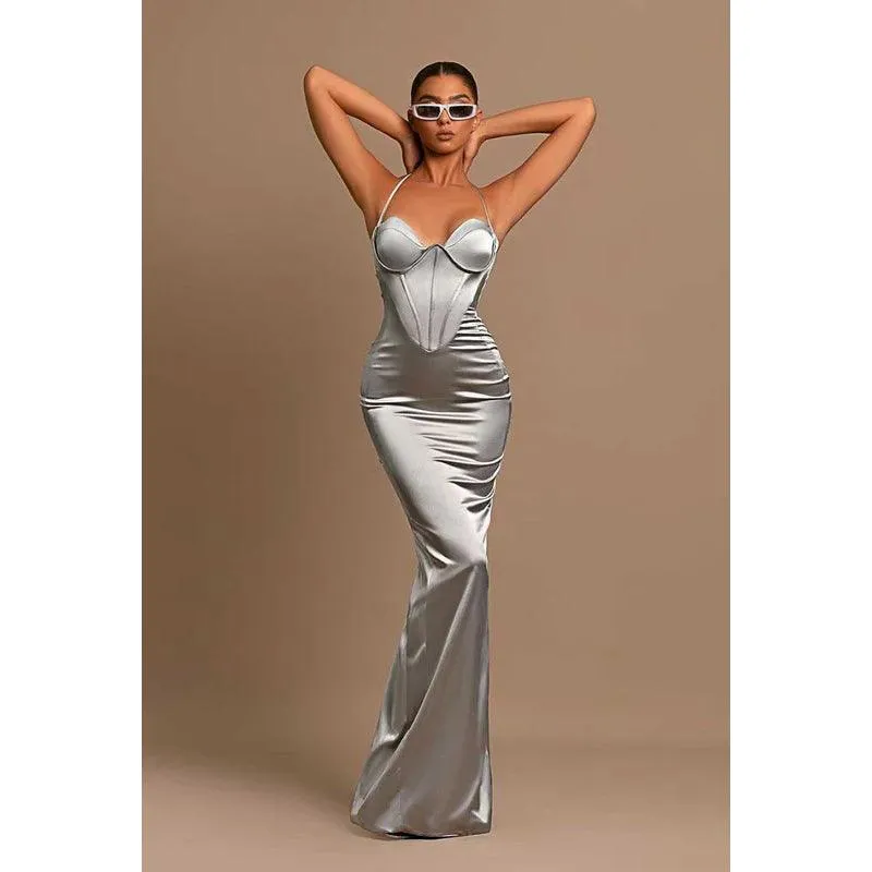 Sweetheart Halter Sheath Satin Long Prom Evening Dress
