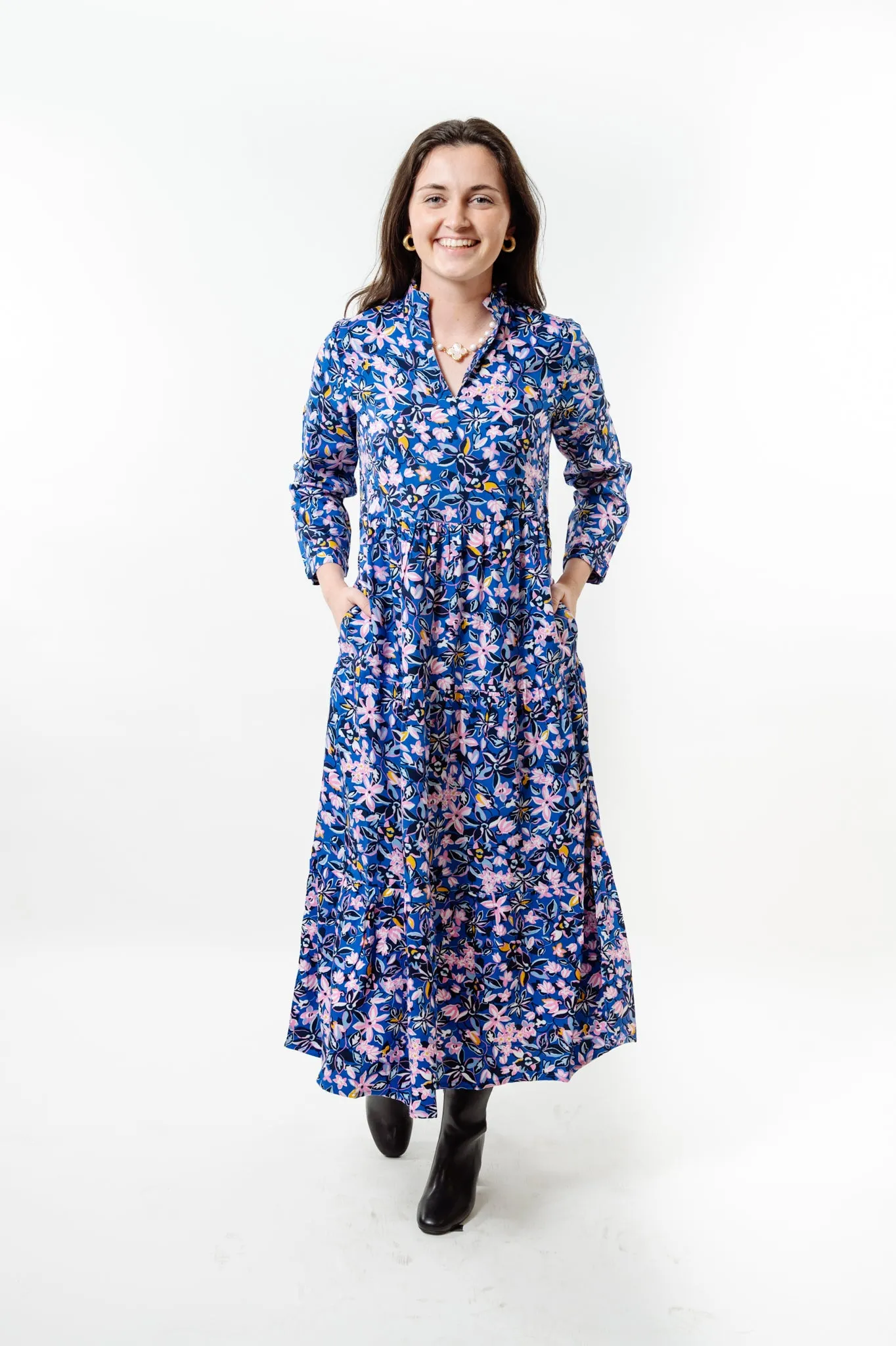 The Camilla Long Length All Season Floral Dress in Multi Blue