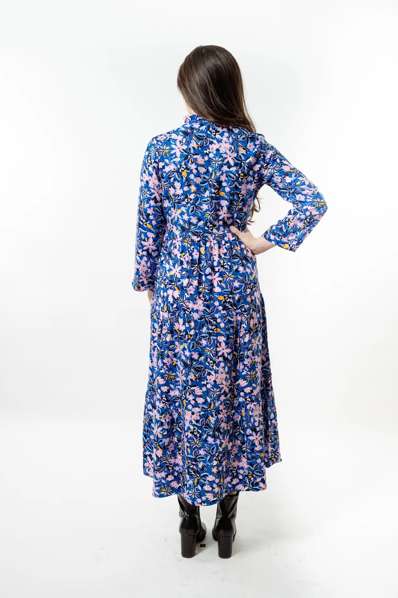 The Camilla Long Length All Season Floral Dress in Multi Blue