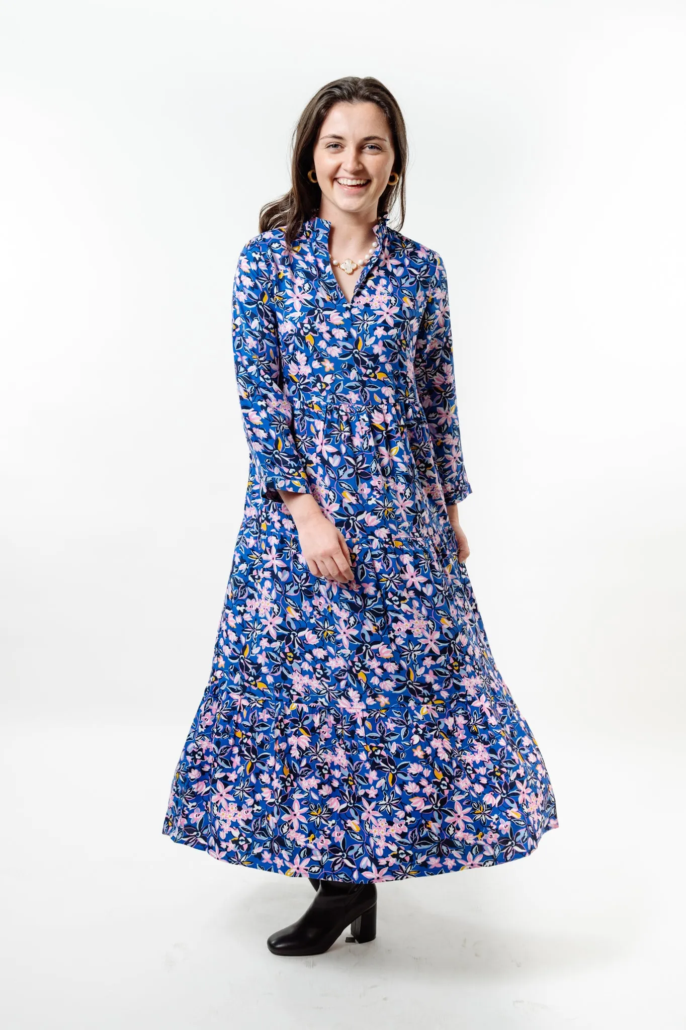 The Camilla Long Length All Season Floral Dress in Multi Blue