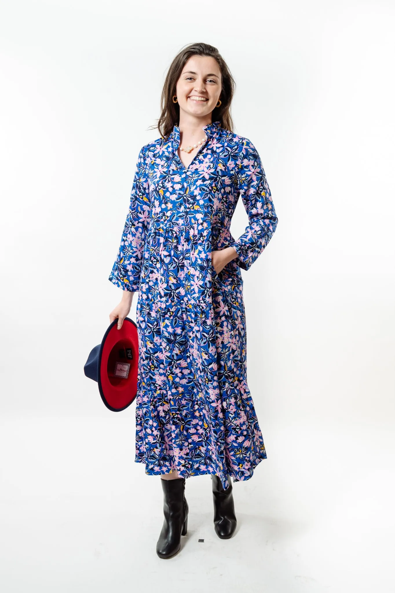 The Camilla Long Length All Season Floral Dress in Multi Blue