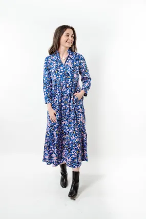 The Camilla Long Length All Season Floral Dress in Multi Blue