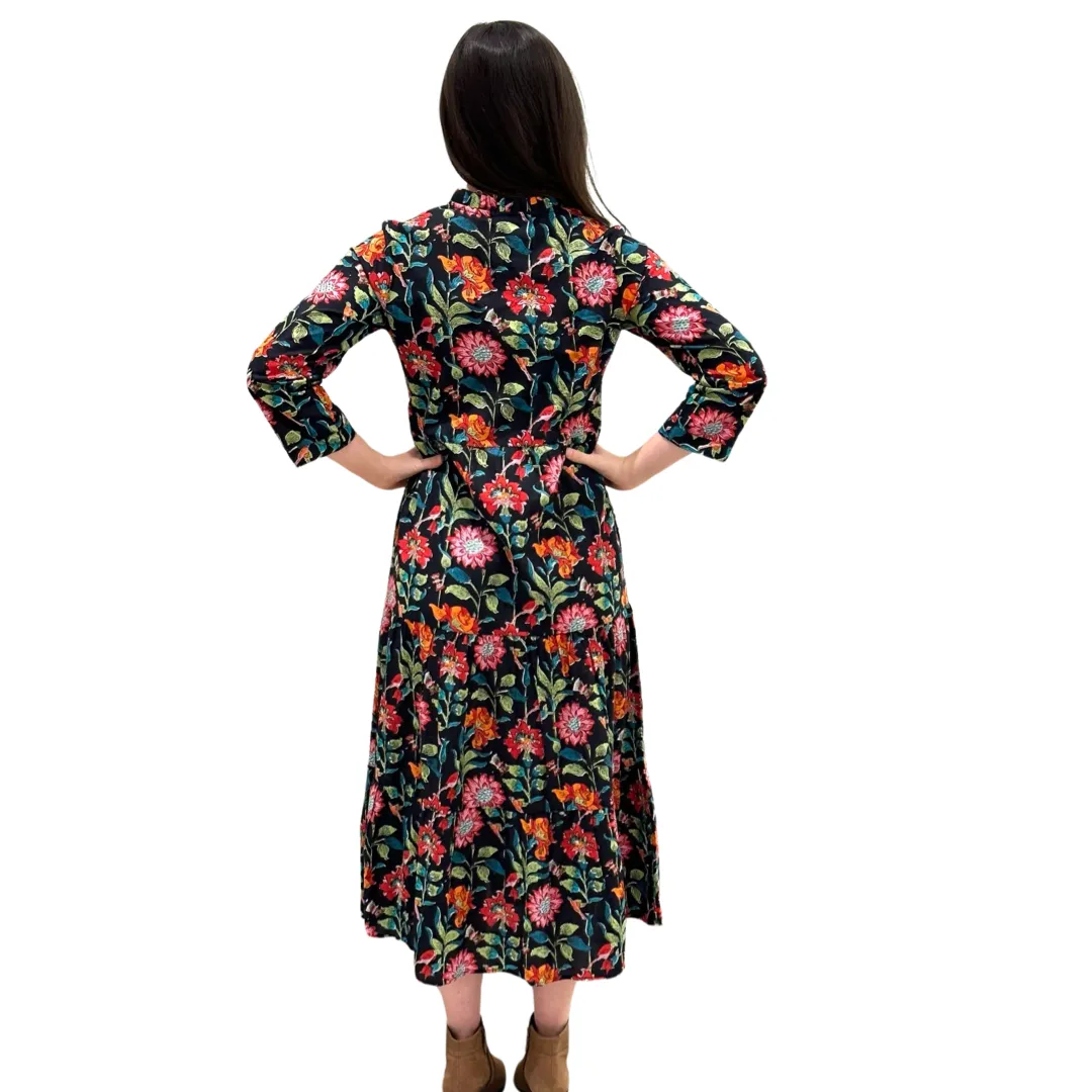 The Camilla Long Notch Collar Dress in Midnight Floral