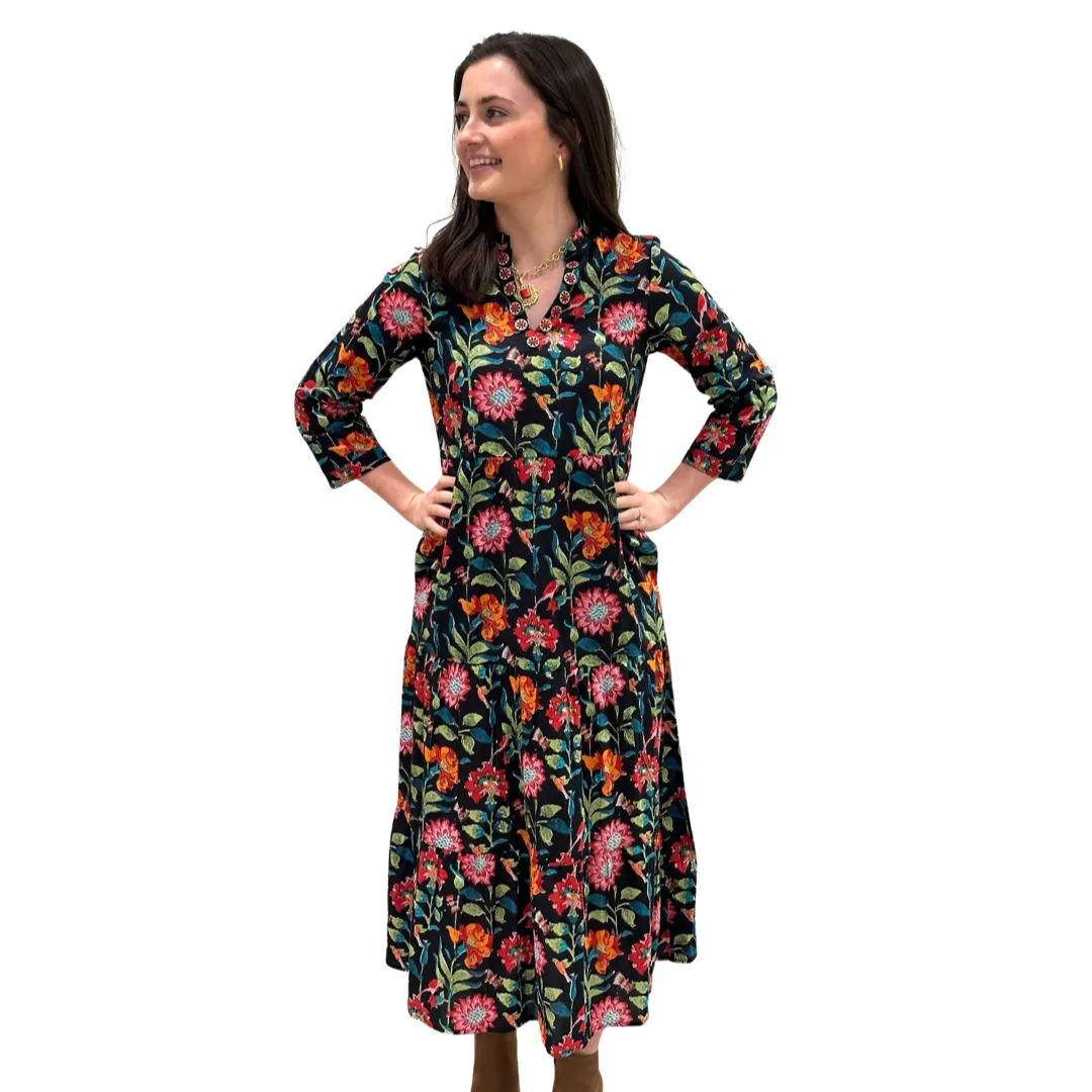 The Camilla Long Notch Collar Dress in Midnight Floral