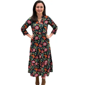 The Camilla Long Notch Collar Dress in Midnight Floral