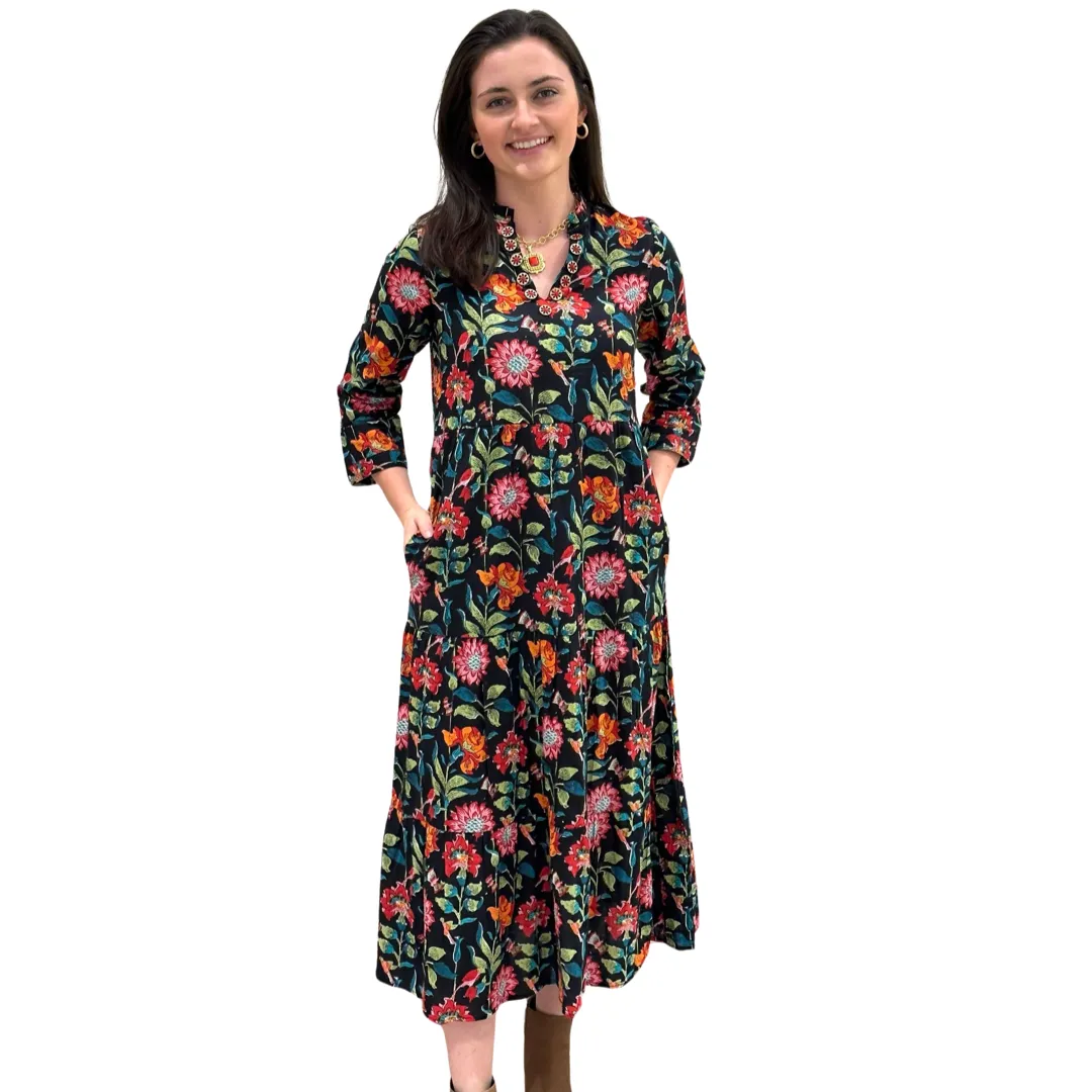 The Camilla Long Notch Collar Dress in Midnight Floral