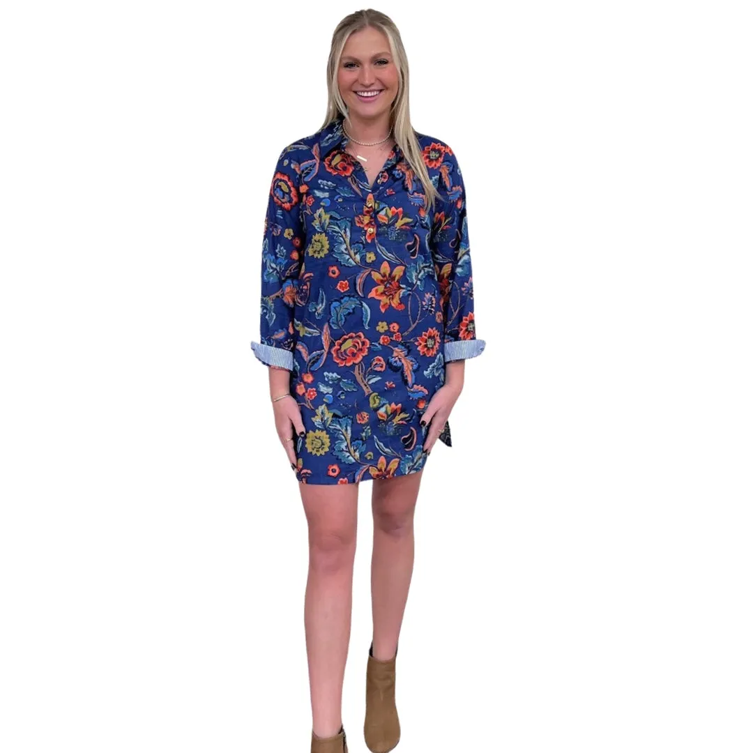 The Riley Cotton Shirt Dress in Blue Hand Blocked Floral