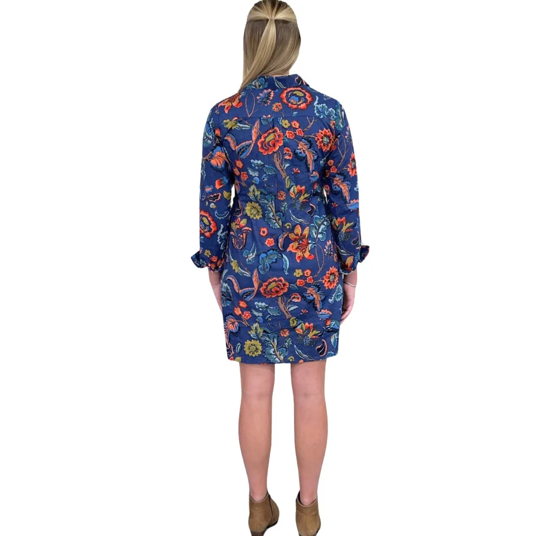 The Riley Cotton Shirt Dress in Blue Hand Blocked Floral