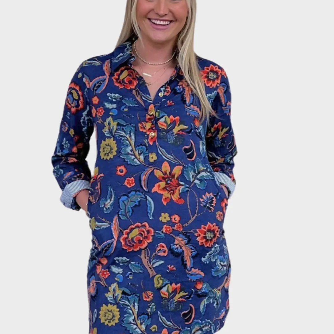The Riley Cotton Shirt Dress in Blue Hand Blocked Floral