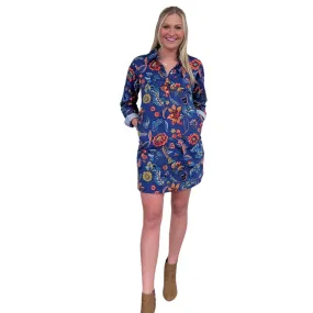 The Riley Cotton Shirt Dress in Blue Hand Blocked Floral