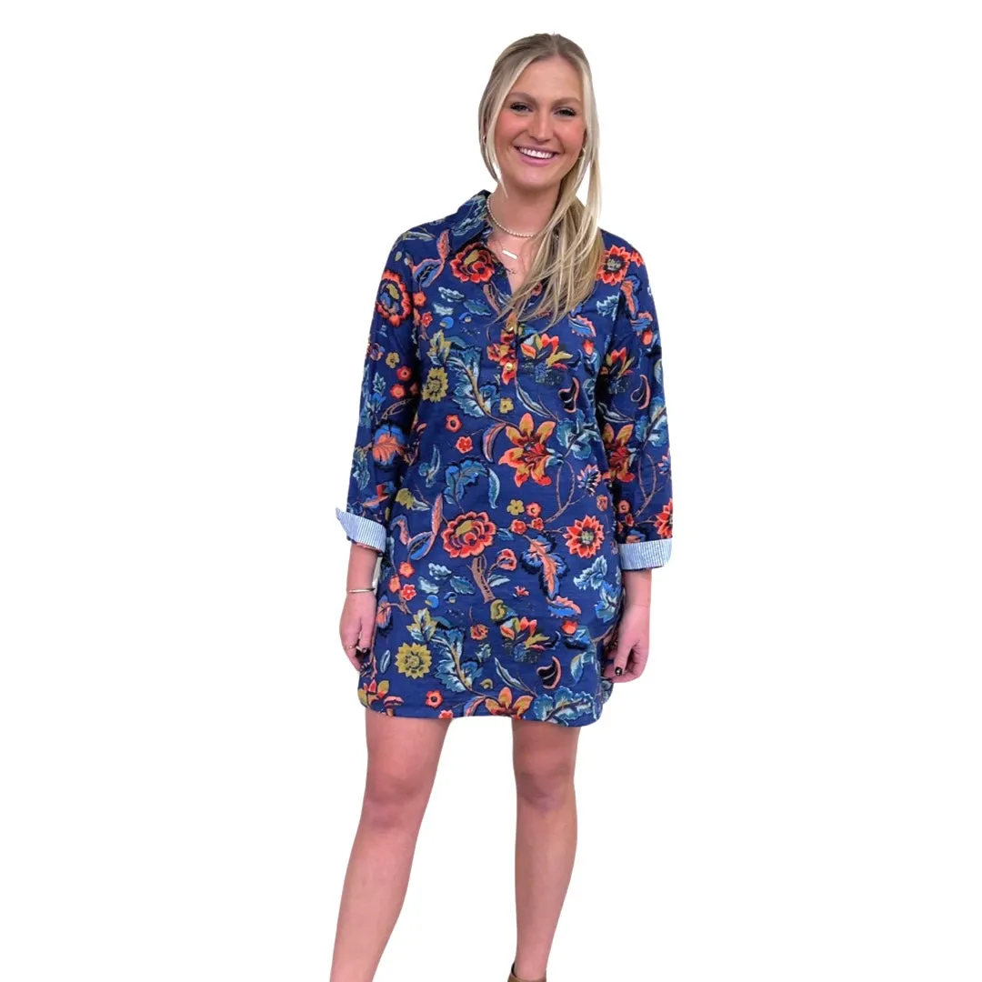 The Riley Cotton Shirt Dress in Blue Hand Blocked Floral