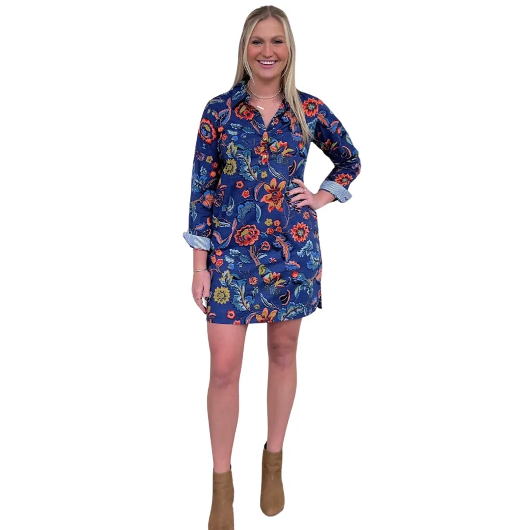 The Riley Cotton Shirt Dress in Blue Hand Blocked Floral