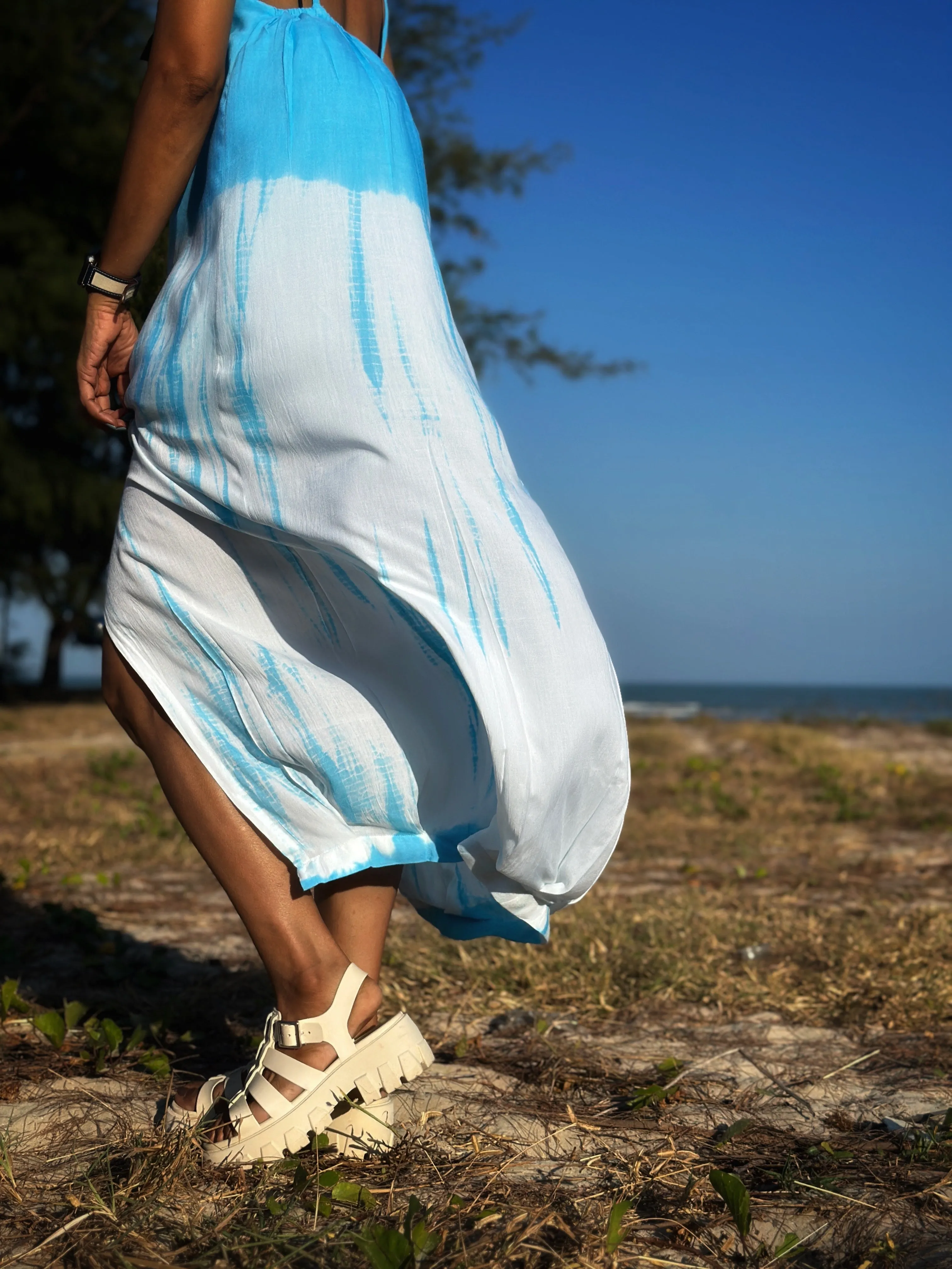 Tie dye halter dress with split