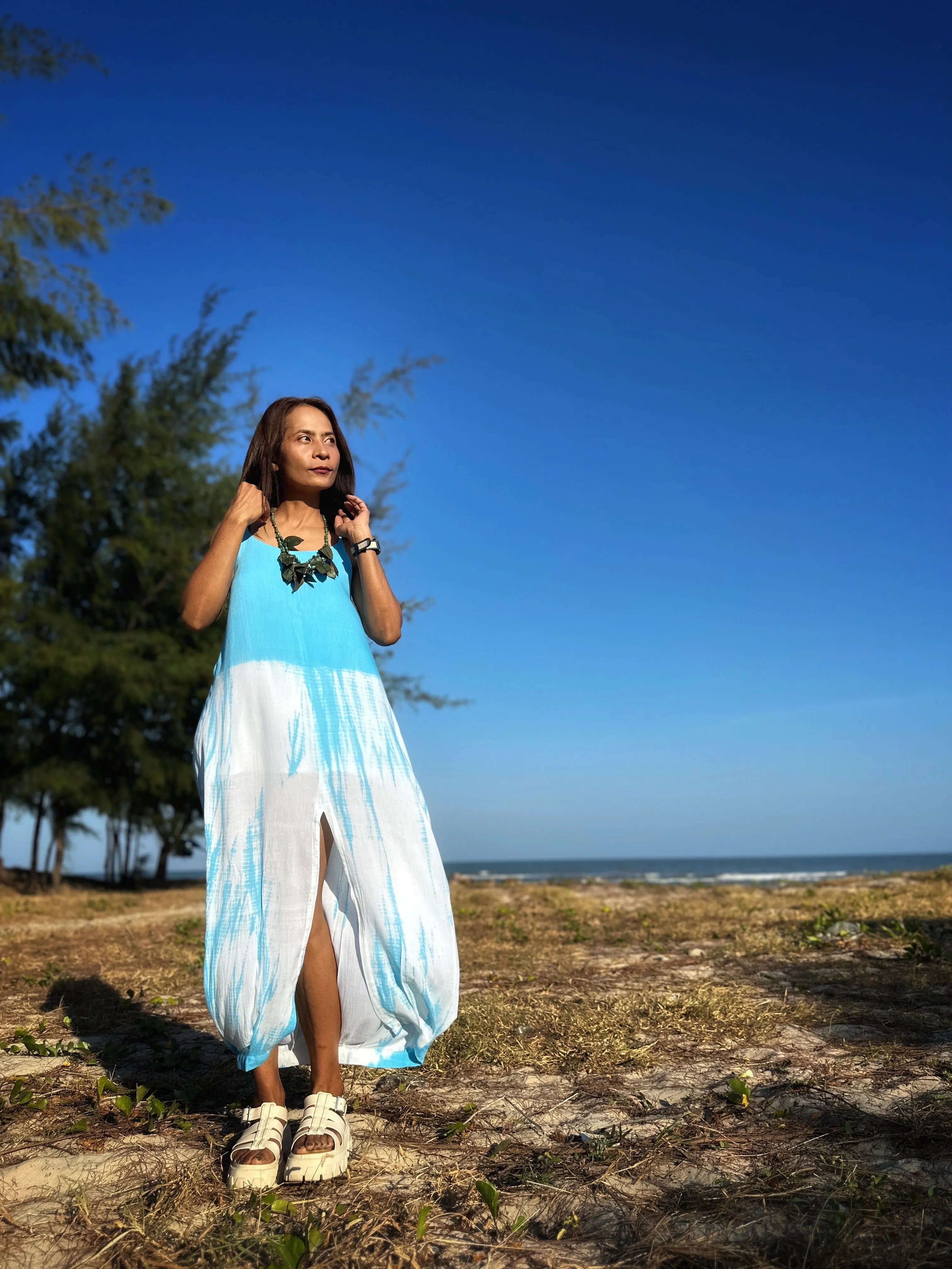 Tie dye halter dress with split