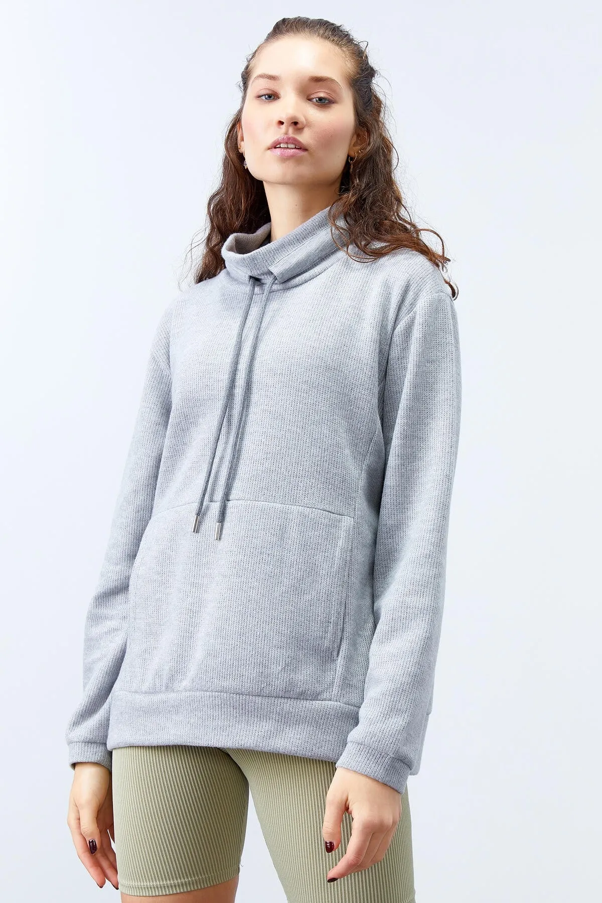 TMY Gray Melange Turtleneck Lace-Up Thessaloniki Knit Women's Oversized Sweatshirt - 97195 - Boca del Rio
