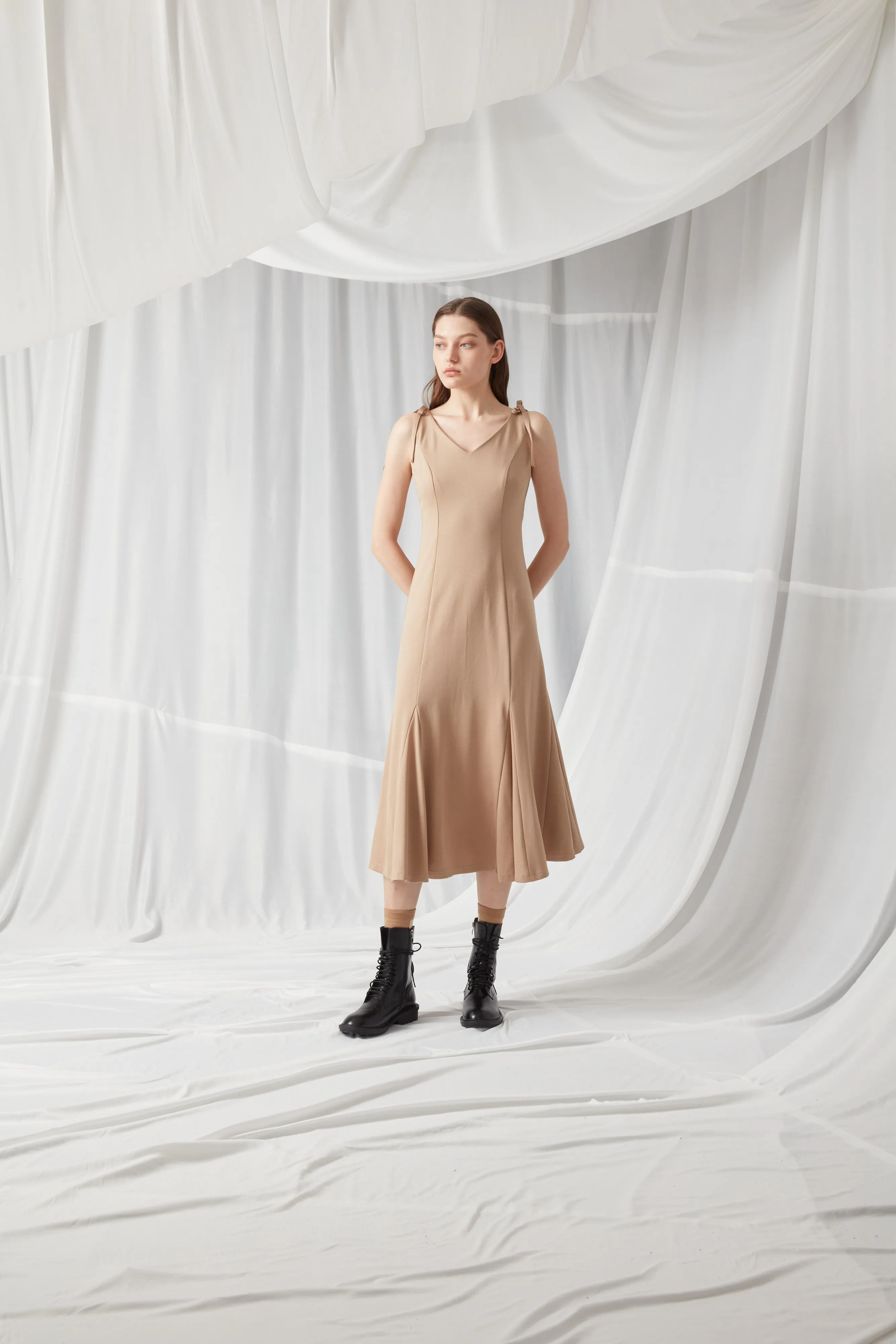 V Neck Jersey Dress - KHAKI