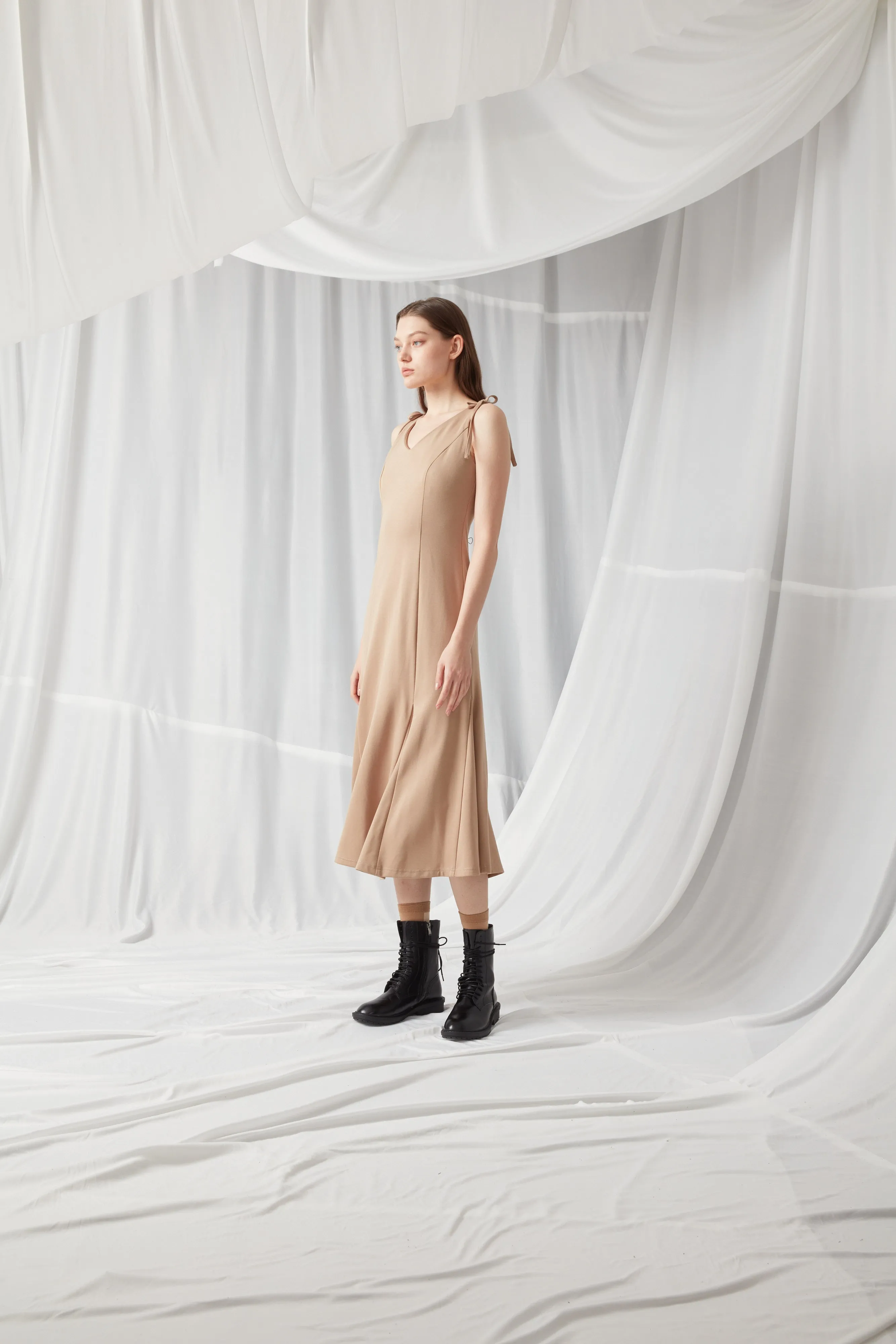 V Neck Jersey Dress - KHAKI