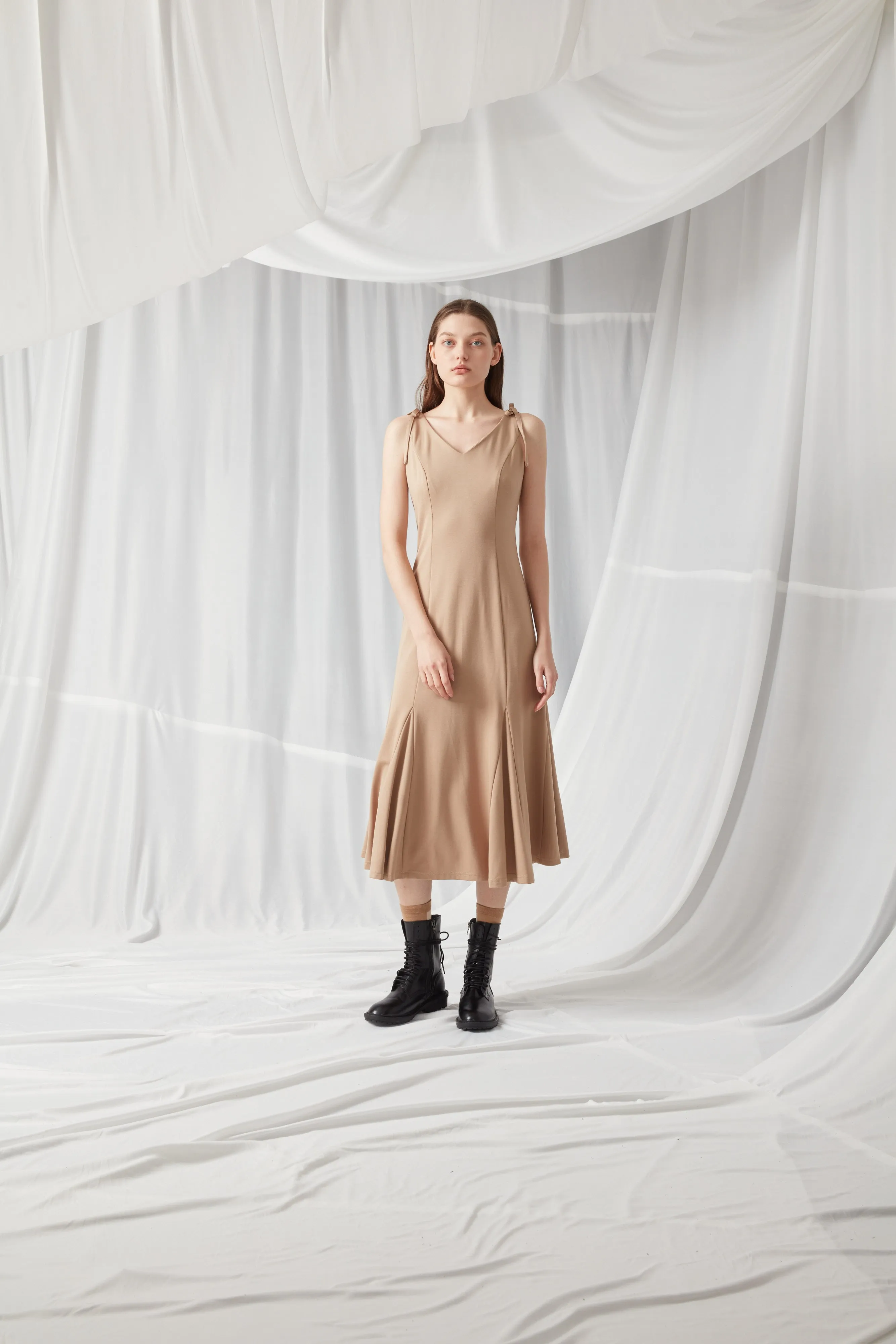 V Neck Jersey Dress - KHAKI