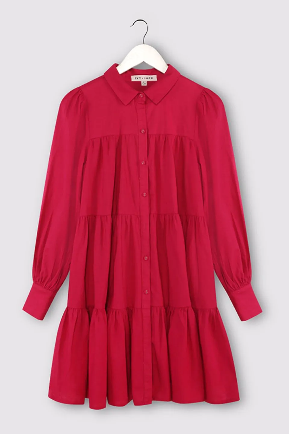 Valley Raspberry Ls Shirt Style Tiered Mini Dress