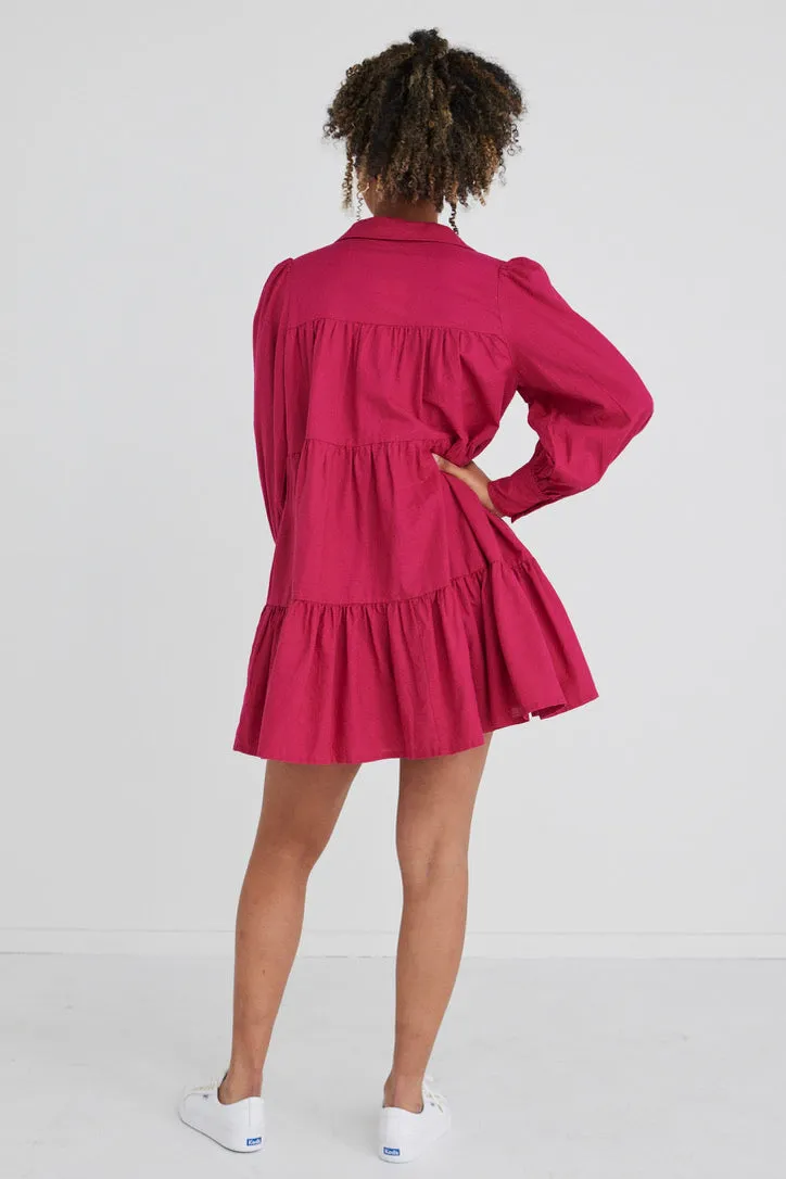 Valley Raspberry Ls Shirt Style Tiered Mini Dress
