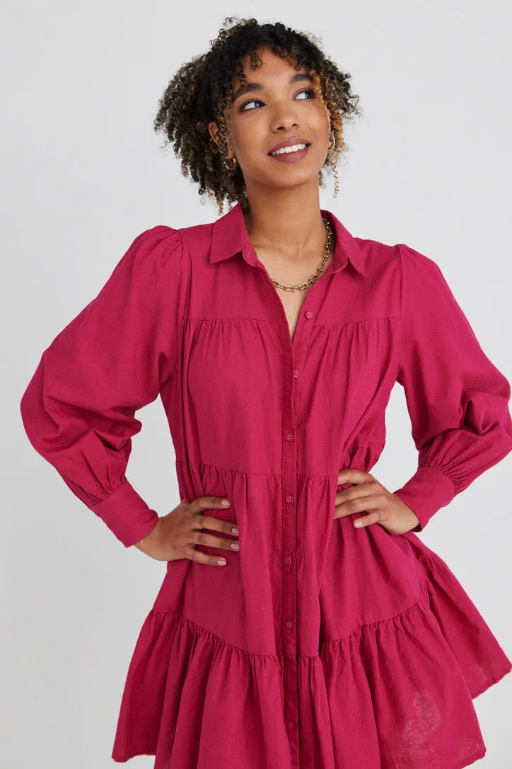 Valley Raspberry Ls Shirt Style Tiered Mini Dress