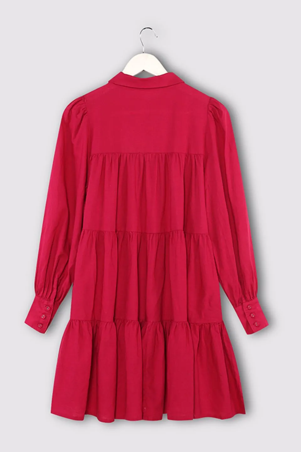Valley Raspberry Ls Shirt Style Tiered Mini Dress