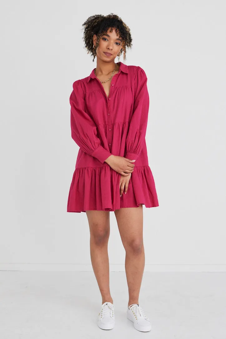 Valley Raspberry Ls Shirt Style Tiered Mini Dress